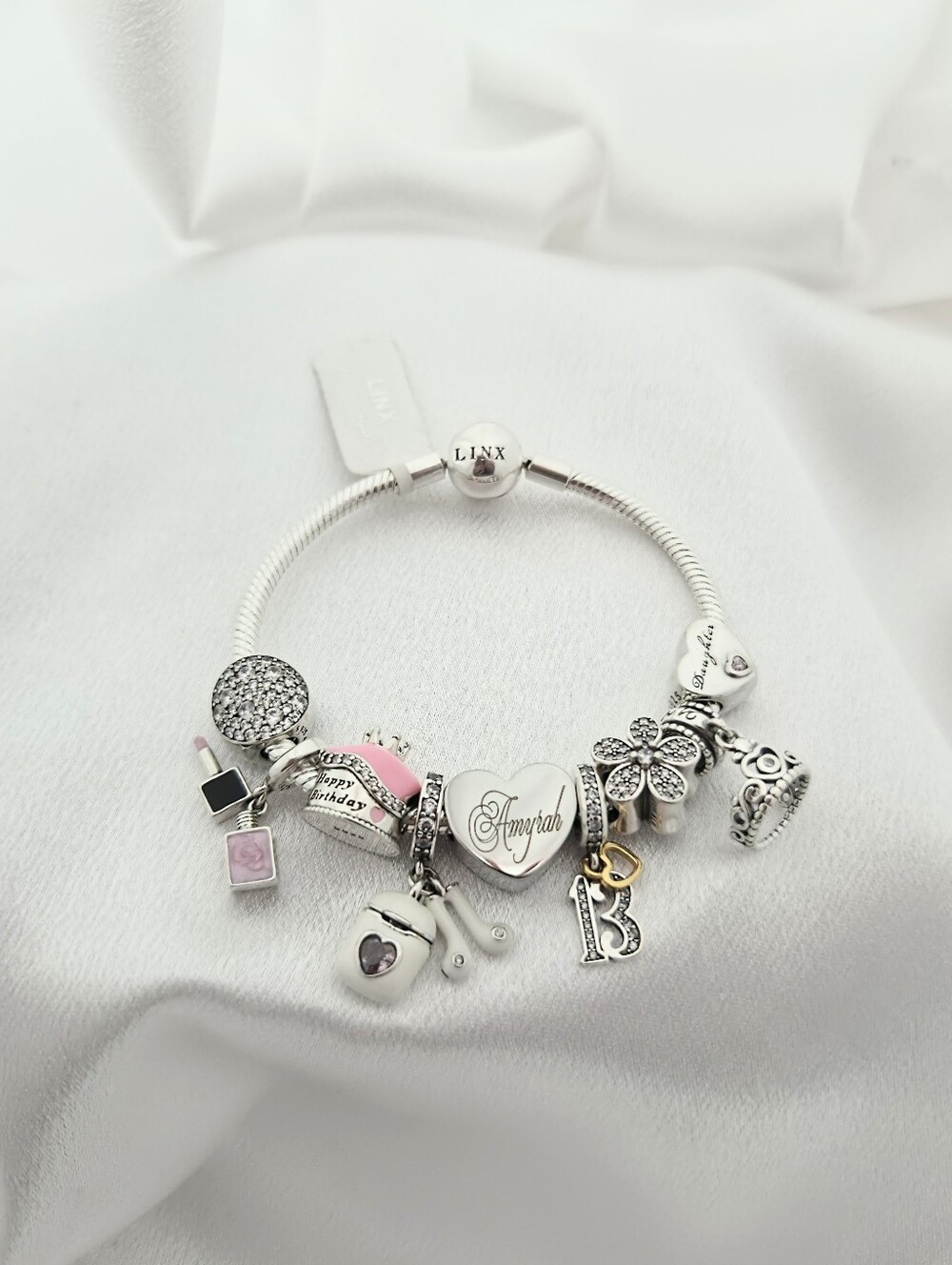Linx Snake Chain Bracelet with 13th Birthday Charms and Personalized Name Charm